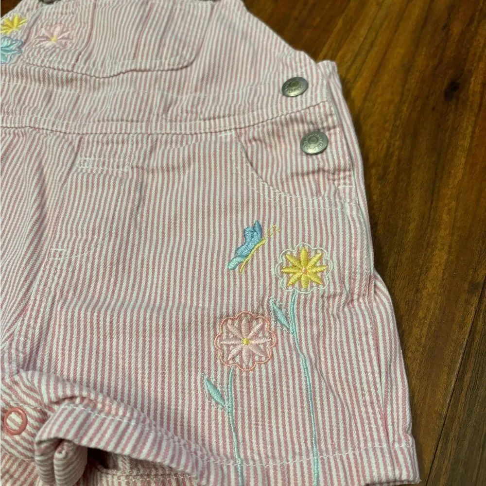 Baby Gap vintage pink stripe embroidered flowers overall shorts
